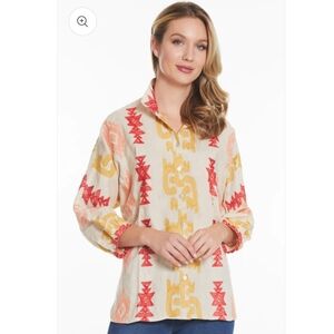 John Mark Printed Woven Wire Collar 3/4 Cuff Sleeve Button Down Blouse